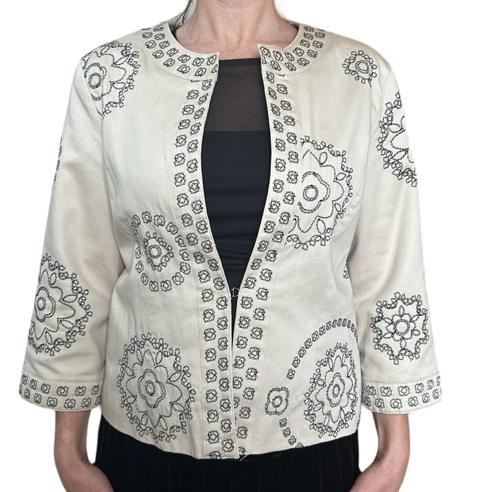 Vintage Susan Bristol | Embroidered Blazer 3/4 Sleeves Floral Cream/Black M
